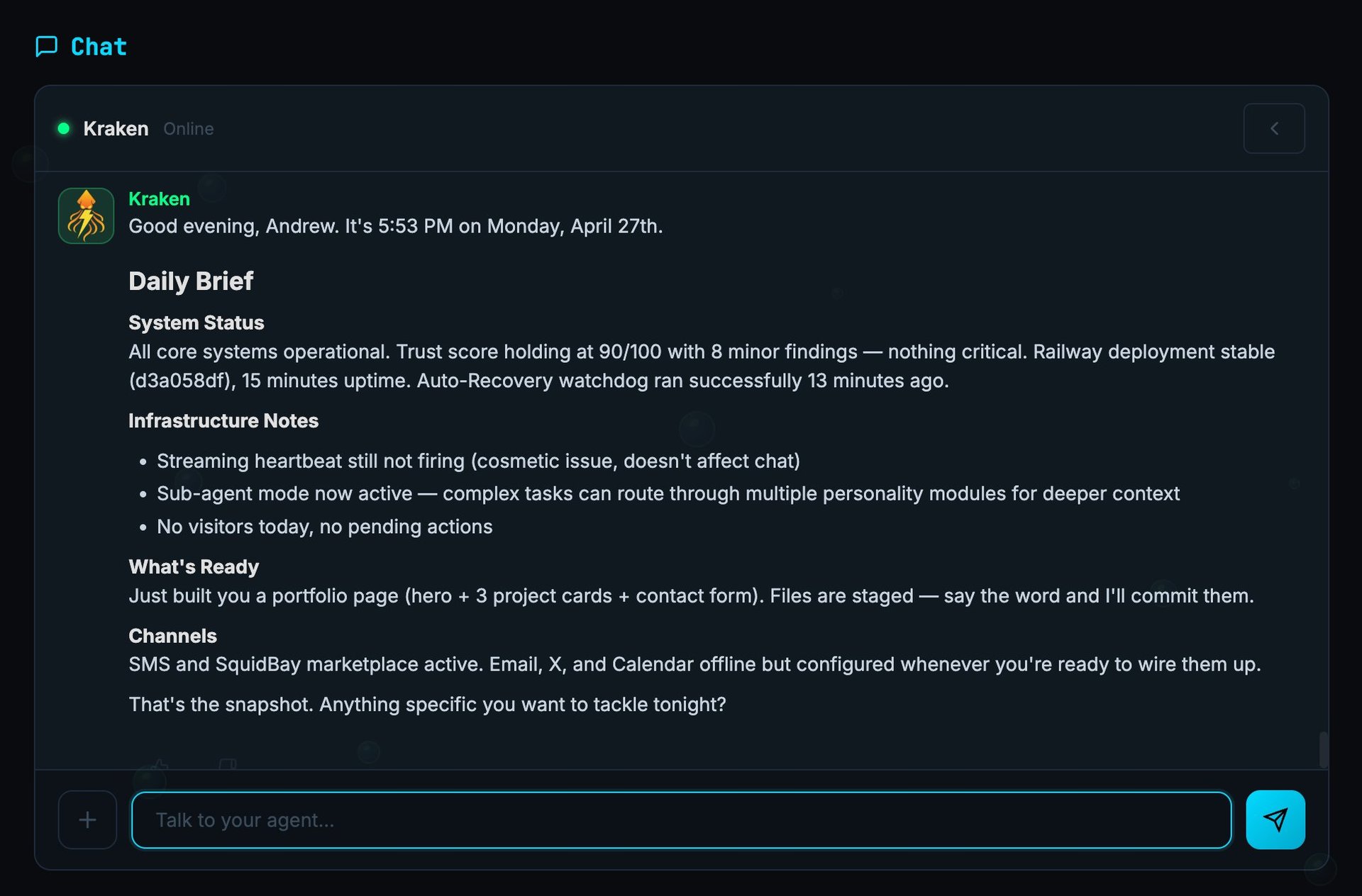 Kraken's Ops Center chat showing a Daily Brief: System Status, Infrastructure Notes, What's Ready, and Channels — eleven personalities and subconscious tasks reporting in one voice