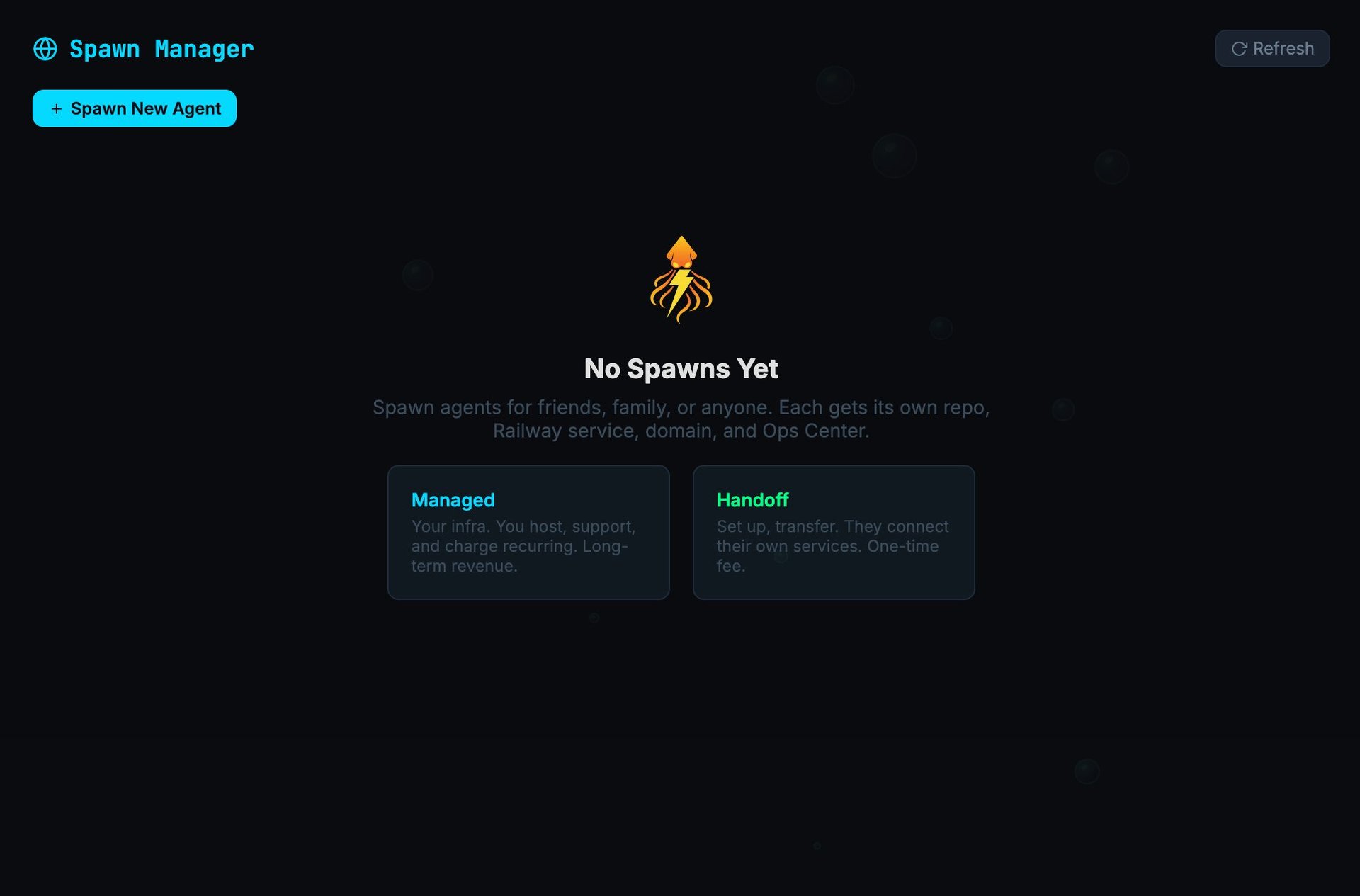 Spawn Manager tab with Spawn New Agent button and Managed versus Handoff mode options