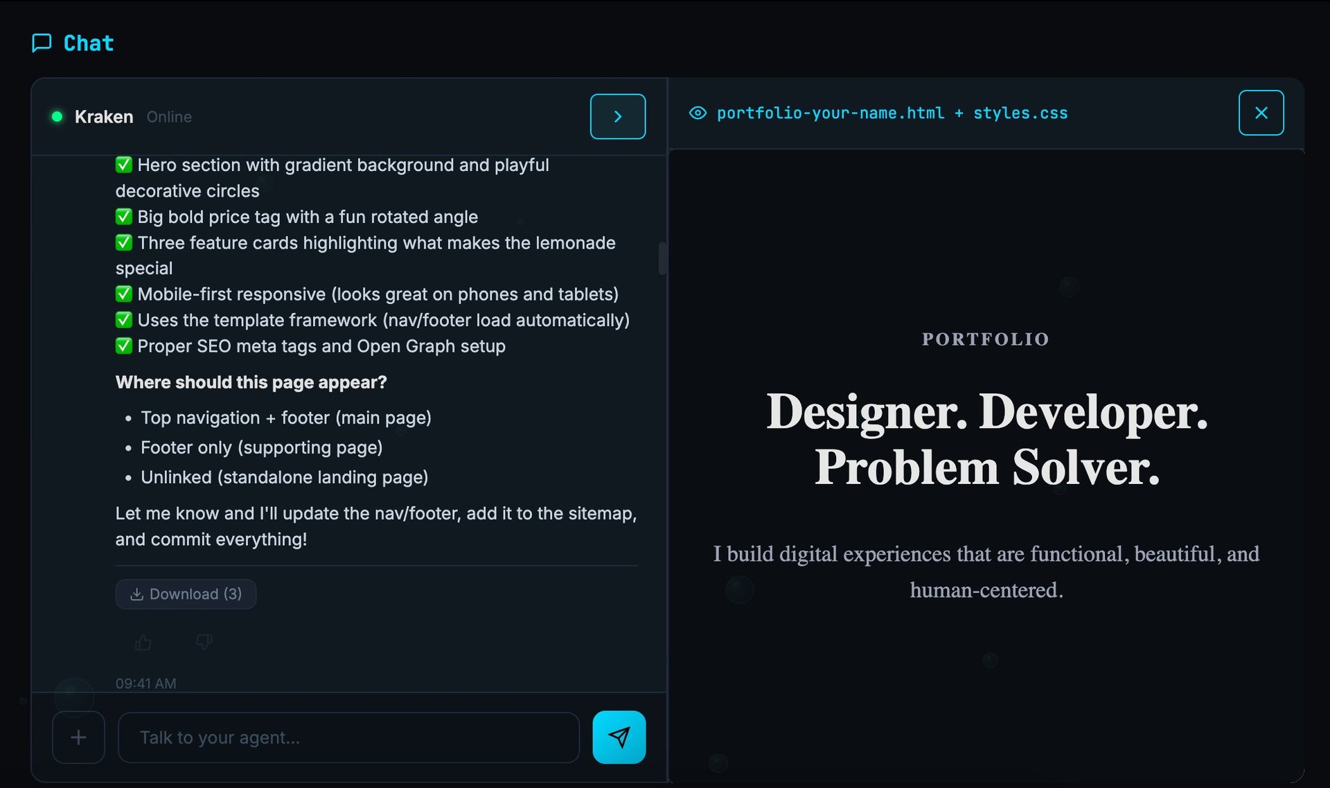 Squid Agent website builder: chat with Kraken on the left, live portfolio page rendering on the right